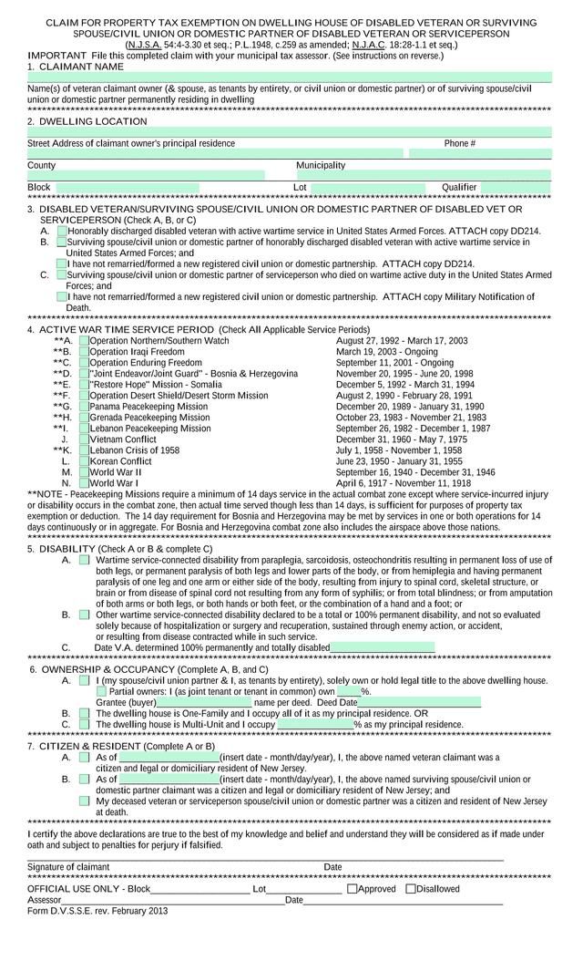 Claim For Property Tax Exemption On Dwelling House Of Disabled Veteran screenshot