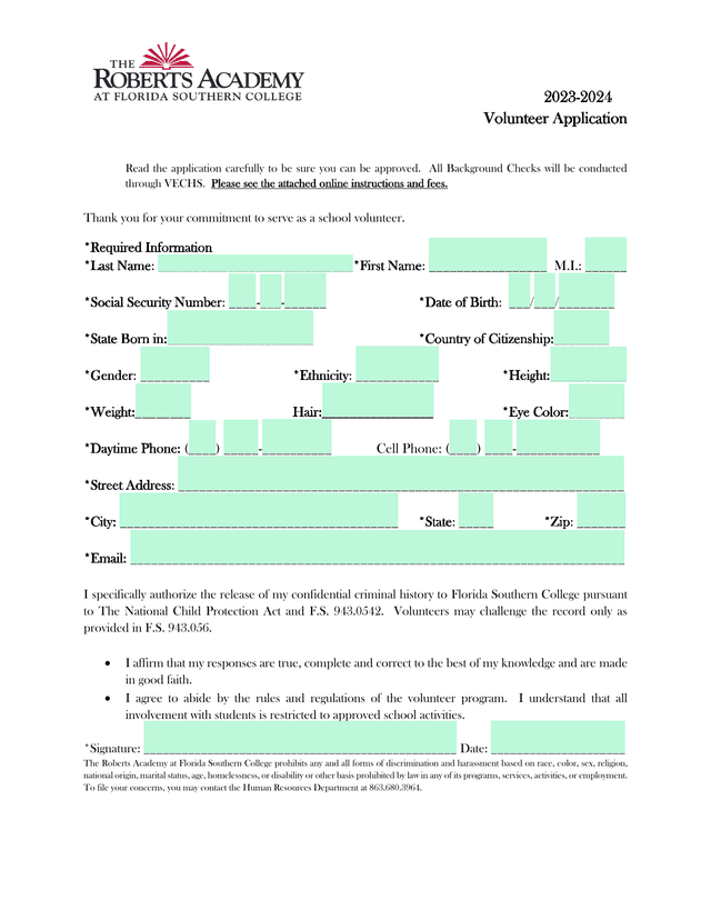 2023 2024 Volunteer Application screenshot