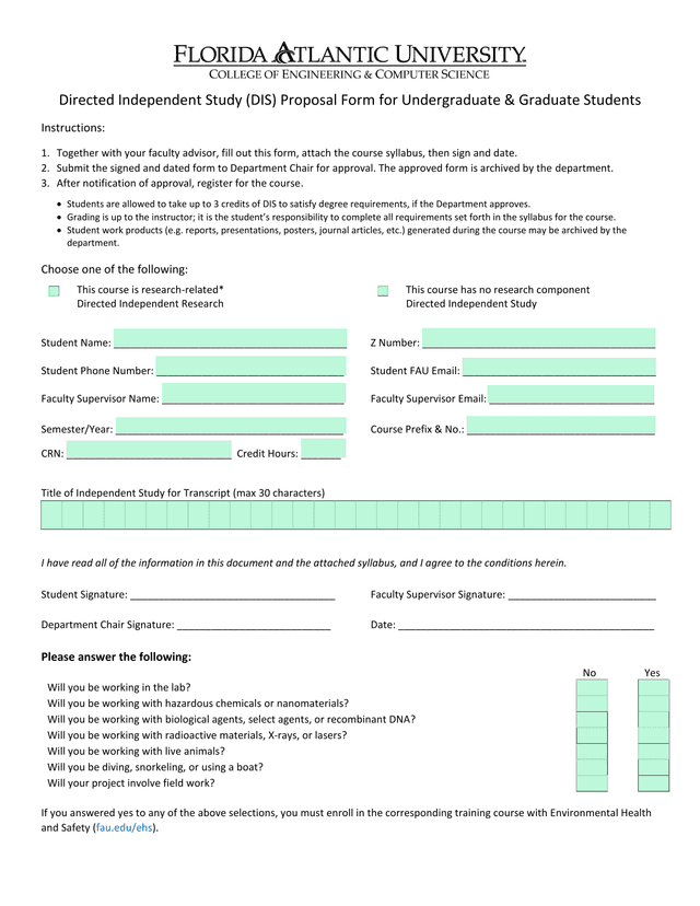 Directed Independent Study (DIS) Proposal Form For Undergraduate  Graduate Students screenshot