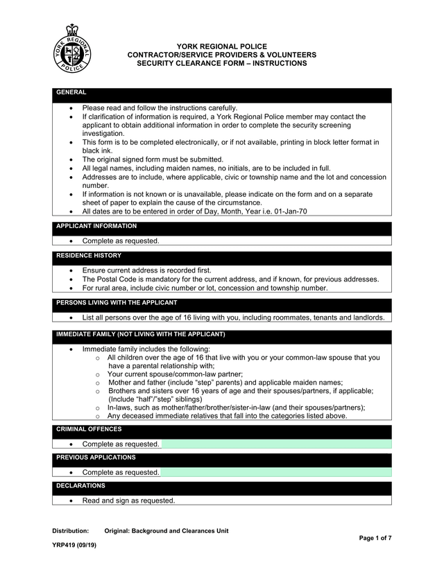 York Regional Police ContractorService Providers  Volunteers Security Clearance Form screenshot