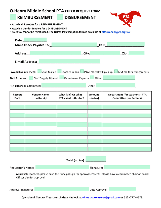 O.Henry Middle School PTA Check Request Form screenshot