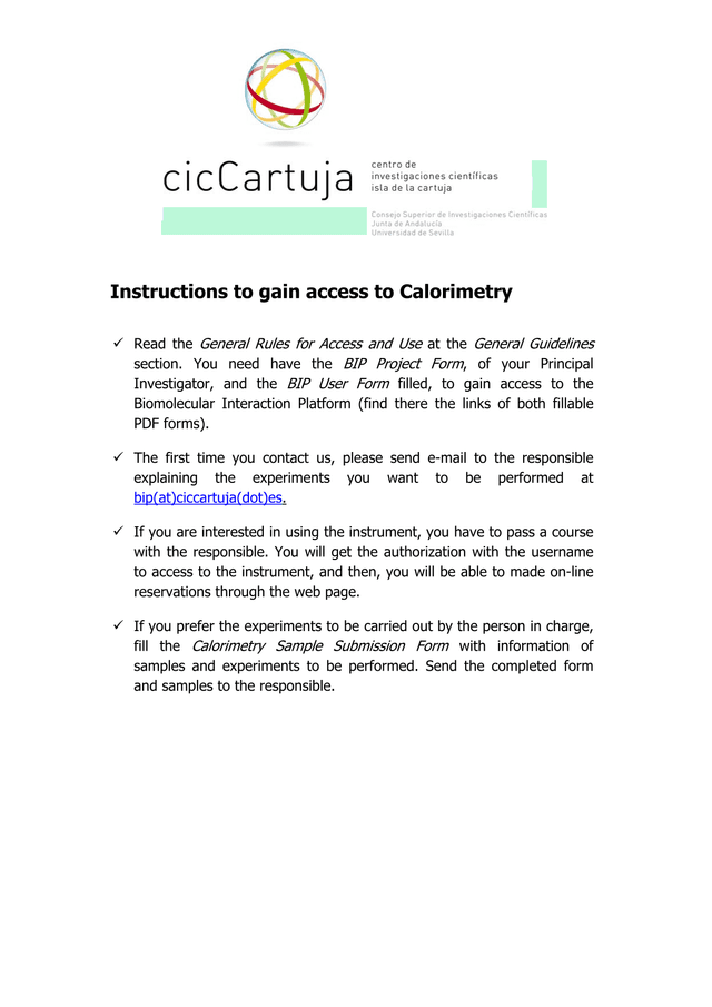 Calorimetry Access Instructions screenshot
