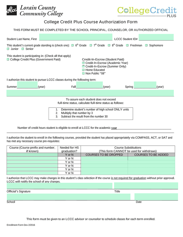 College Credit Plus Course Authorization Form screenshot