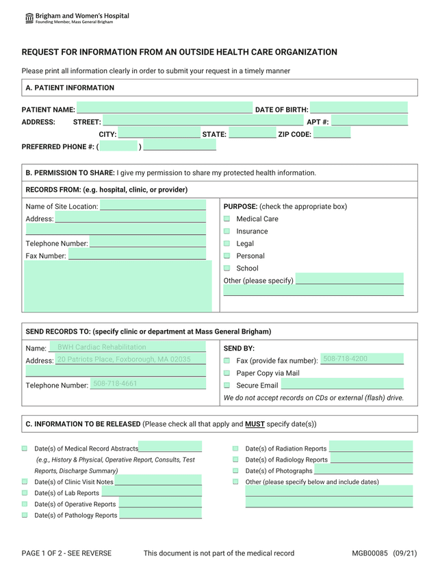 Request For Information From An Outside Health Care Organization screenshot
