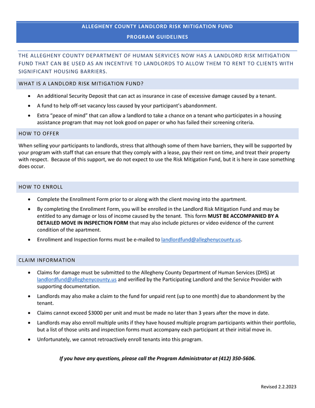 Allegheny County Landlord Risk Mitigation Fund Program Guidelines screenshot