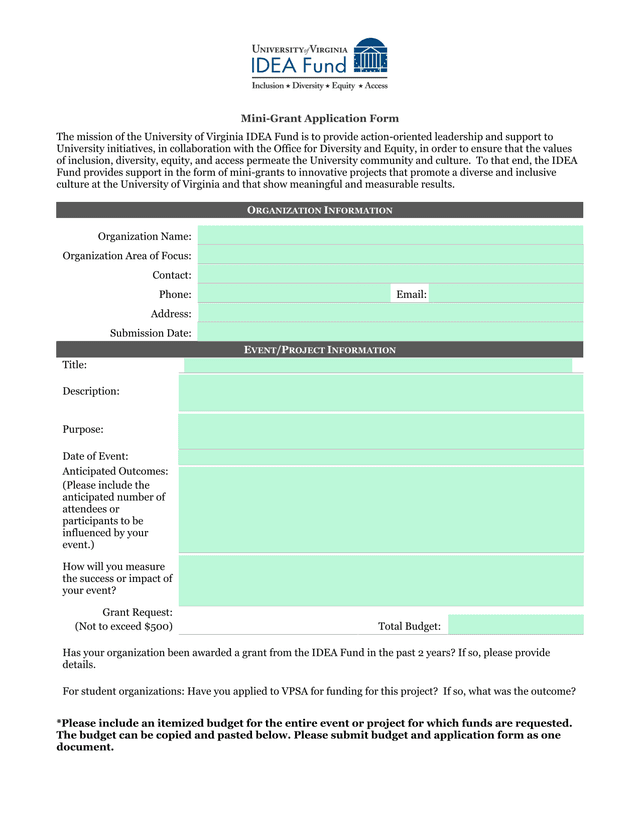 Mini Grant Application Form screenshot