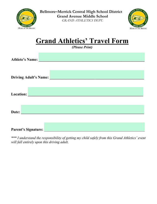 Grand Athletics Travel Form screenshot