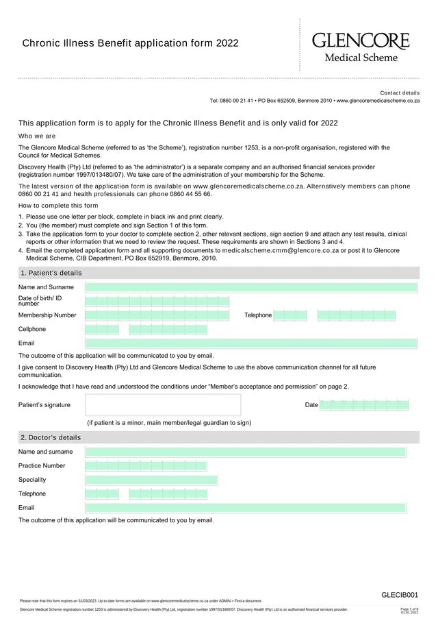 Chronic Illness Benefit Application Form screenshot