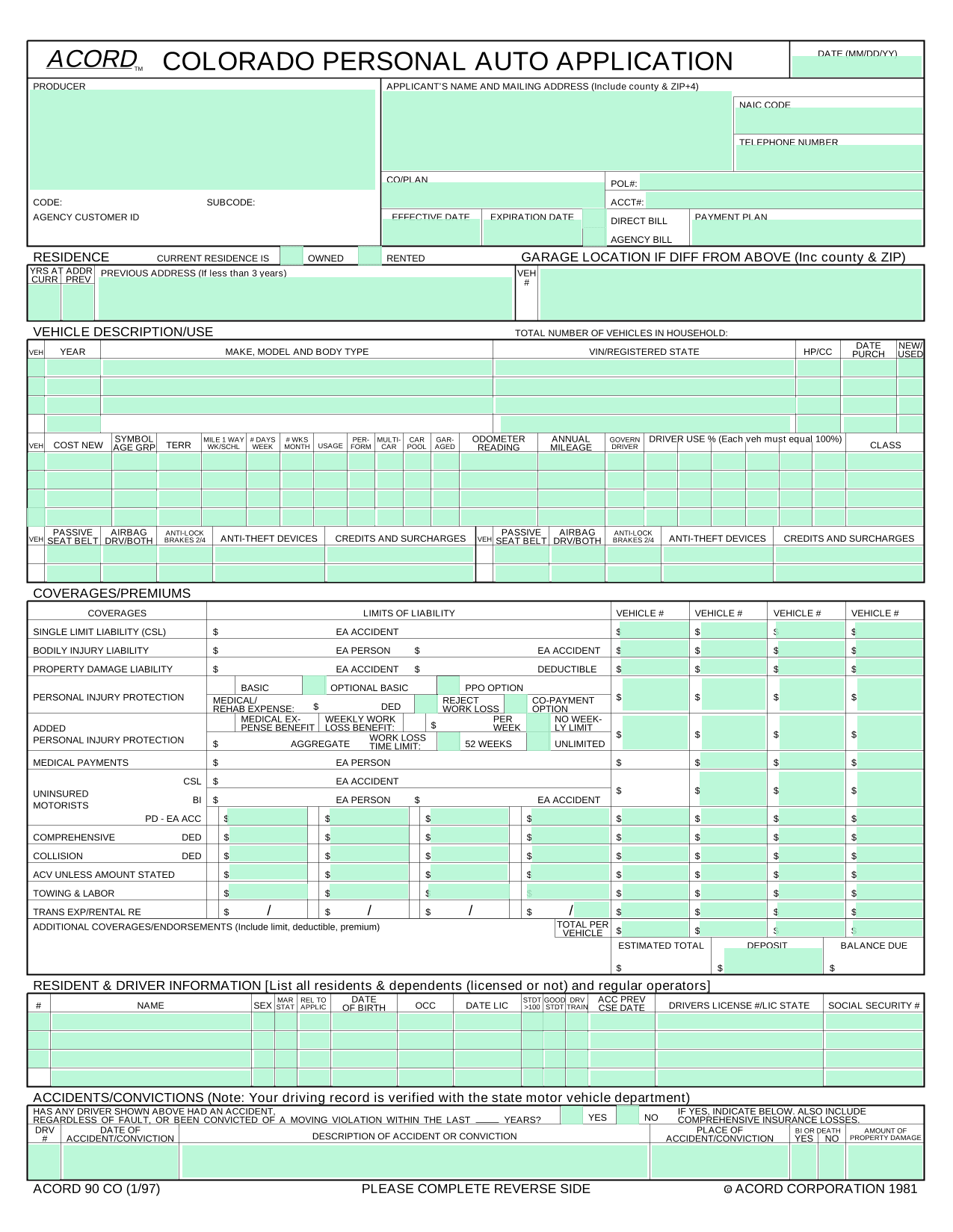 Colorado Personal Auto Application (ACORD 90 CO) screenshot