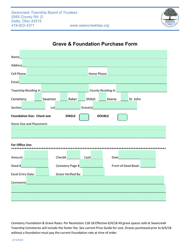 Grave  Foundation Purchase Form screenshot