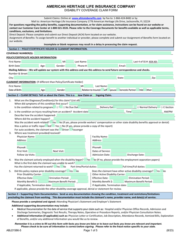 Disability Coverage Claim Form screenshot