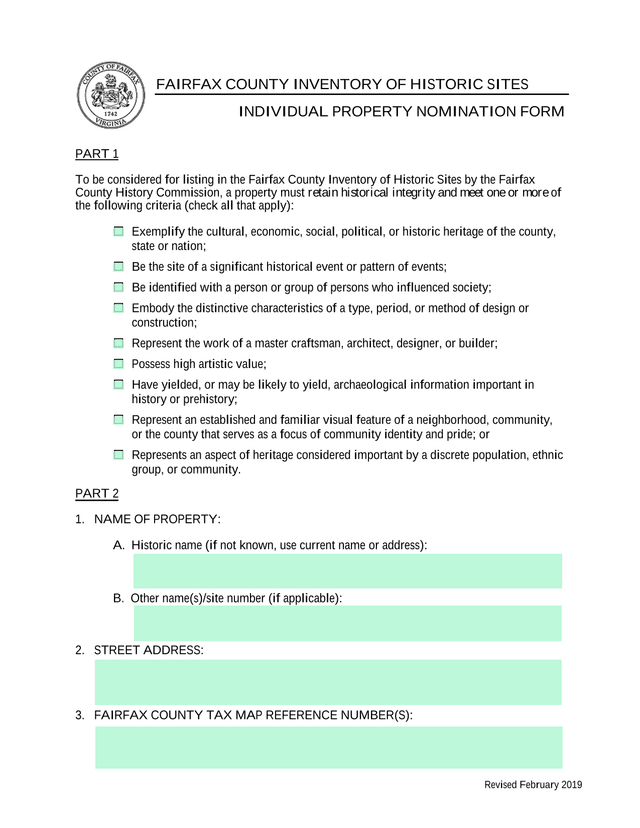 Fairfax County Inventory Of Historic Sites Individual Property Nomination Form screenshot