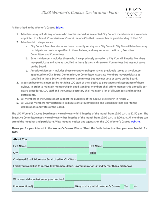 2023 WomenS Caucus Declaration Form screenshot