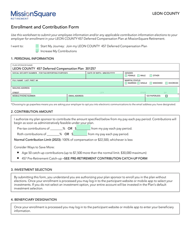 Leon County Enrollment And Contribution Form screenshot