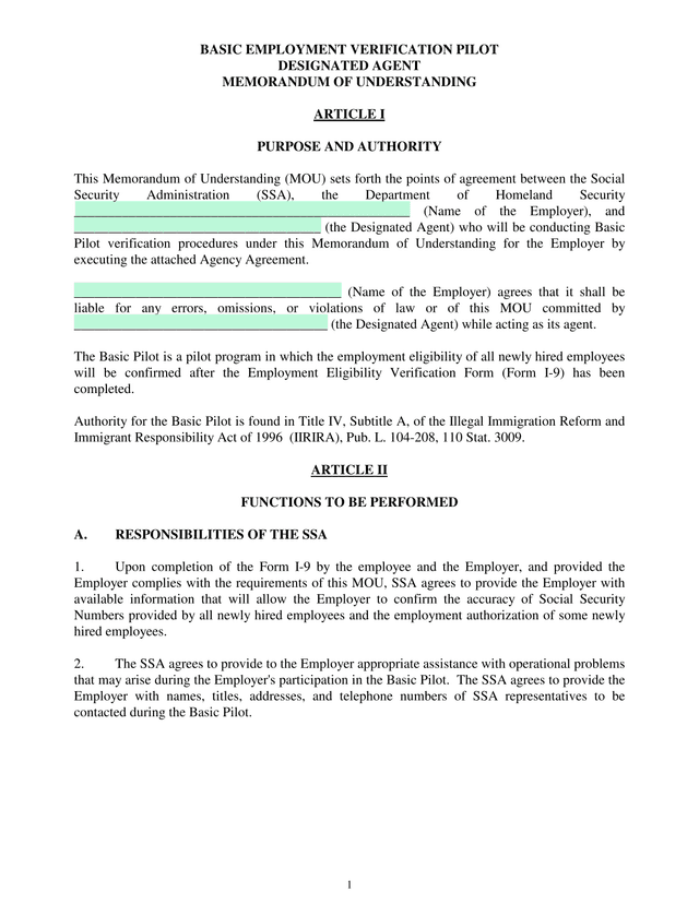 Basic Employment Verification Pilot Designated Agent Memorandum Of Understanding screenshot