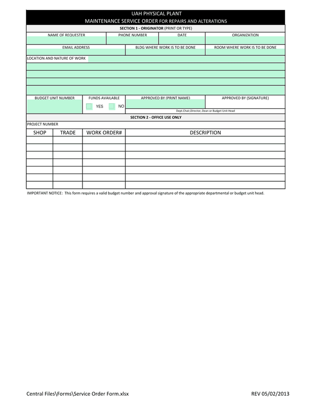 UAH Physical Plant Maintenance Service Order For Repairs And Alterations screenshot
