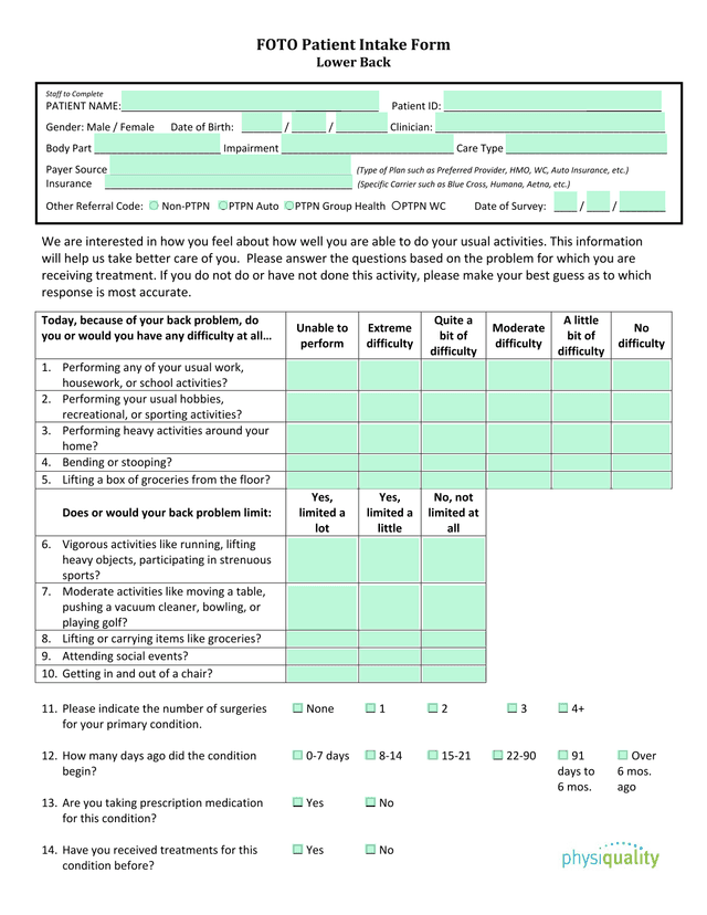 FOTO Patient Intake Form   Lower Back screenshot