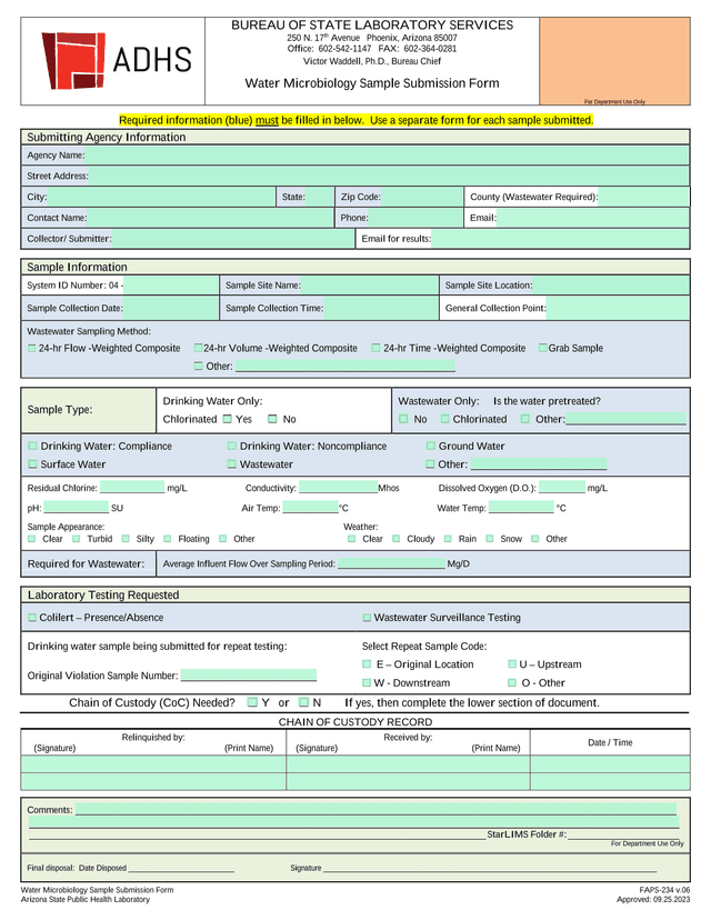 Water Microbiology Sample Submission Form screenshot