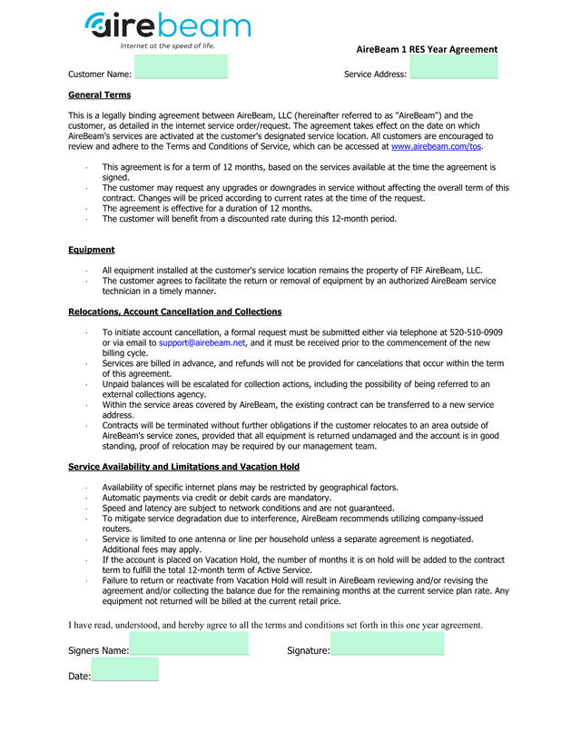 AireBeam 1 RES Year Agreement screenshot