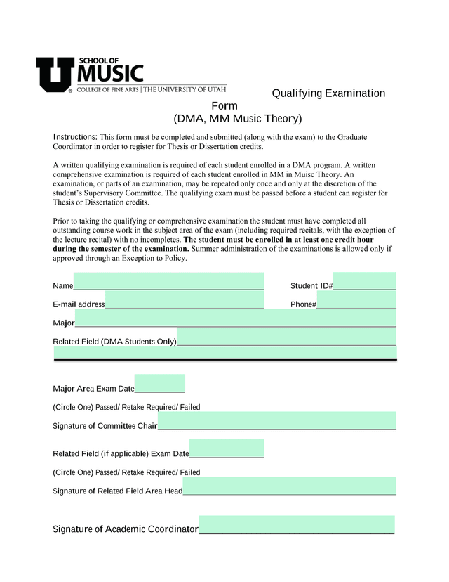 Qualifying Examination Form (DMA, MM Music Theory) screenshot