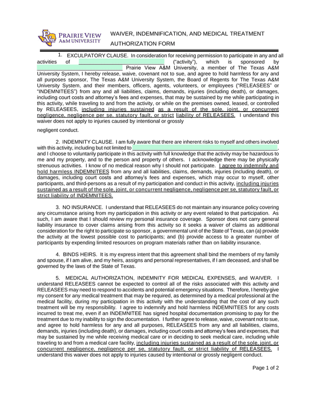 WAIVER, INDEMNIFICATION, AND MEDICAL TREATMENT AUTHORIZATION FORM screenshot