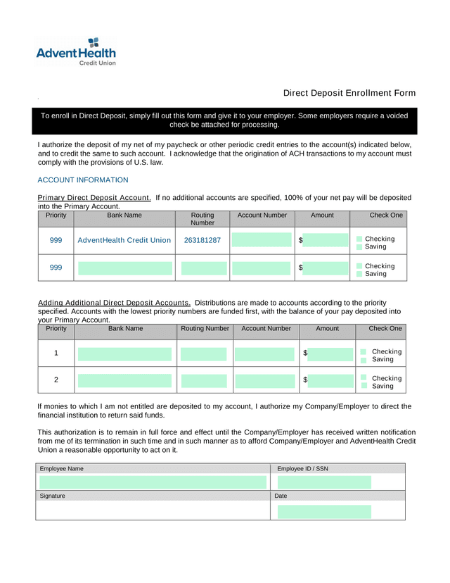Direct Deposit Enrollment Form screenshot