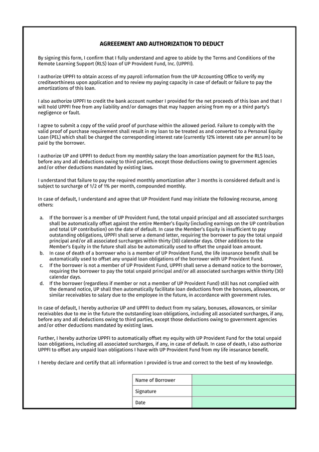 AGREEEMENT AND AUTHORIZATION TO DEDUCT screenshot