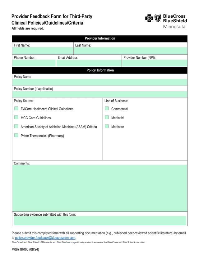 Provider Feedback Form For Third Party Clinical PoliciesGuidelinesCriteria screenshot