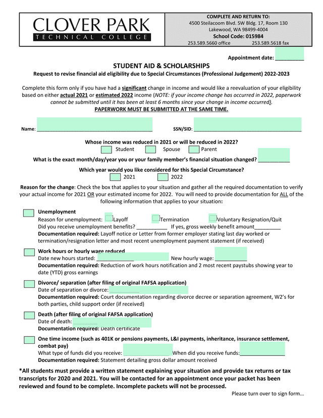 Request To Revise Financial Aid Eligibility Due To Special Circumstances (Professional Judgement) 20 screenshot