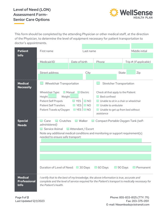 Level Of Need (LON) Assessment Form  Senior Care Options screenshot