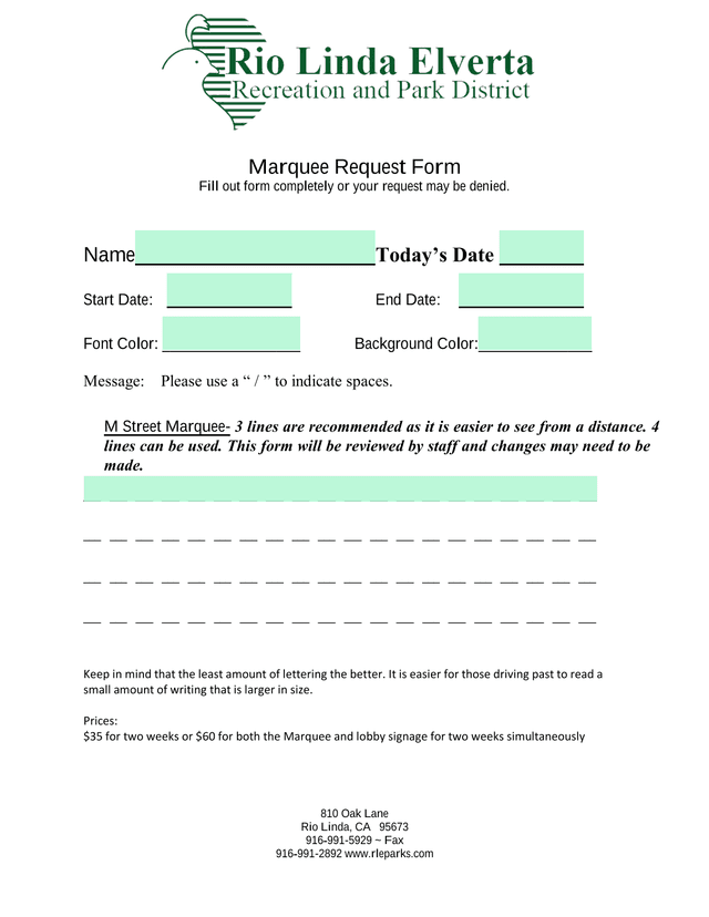 Marquee Request Form screenshot