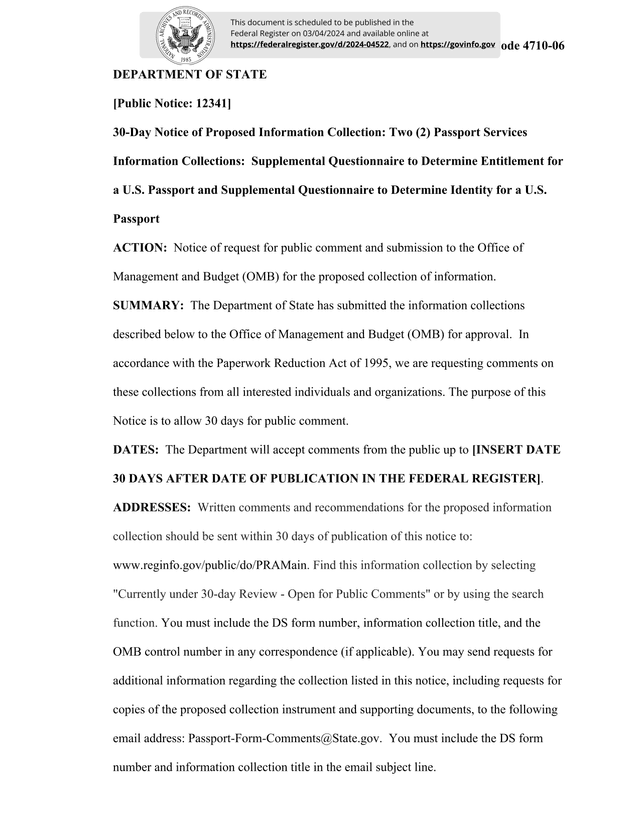 Supplemental Questionnaire To Determine Entitlement For A U.S. Passport screenshot