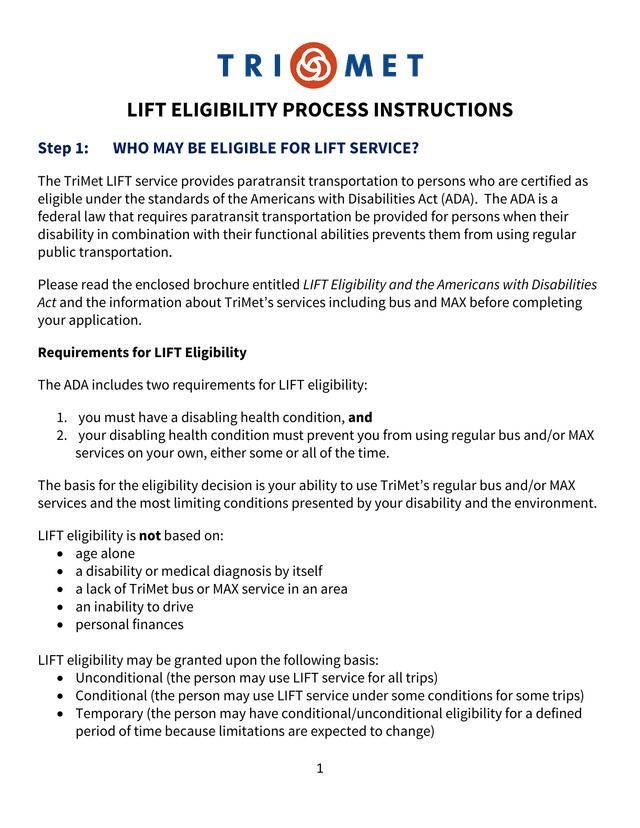 LIFT Eligibility Process Instructions screenshot