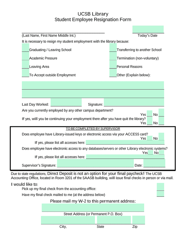 Student Employee Resignation Form screenshot