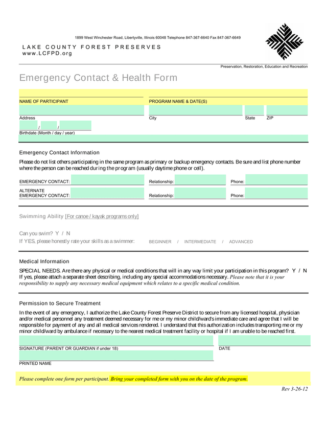 Emergency Contact  Health Form screenshot