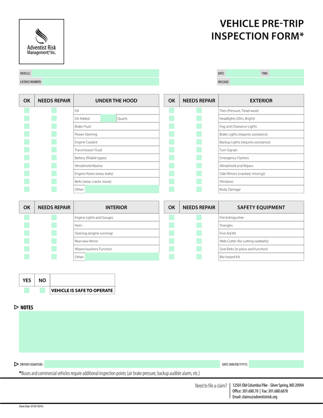 VEHICLE PRE TRIP INSPECTION FORM screenshot