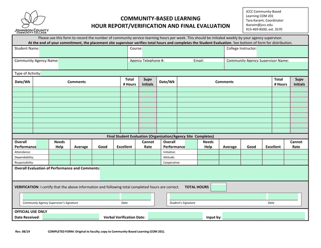 Community Based Learning Hour ReportVerification And Final Evaluation screenshot