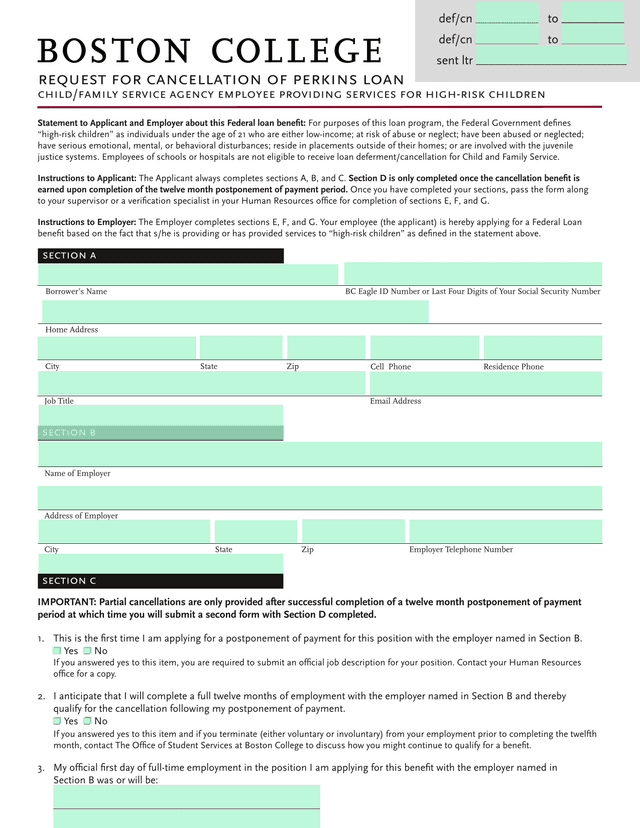 Request For Cancellation Of Perkins Loan screenshot
