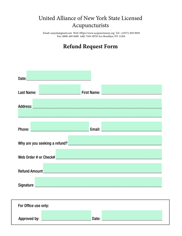 United Alliance Of New York State Licensed Acupuncturists Refund Request Form screenshot