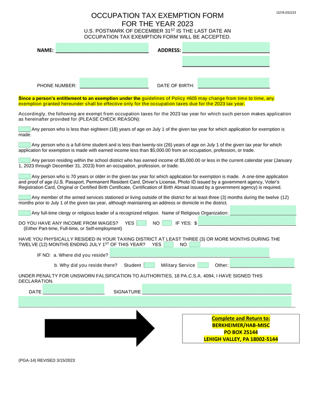 OCCUPATION TAX EXEMPTION FORM FOR THE YEAR 2023 screenshot
