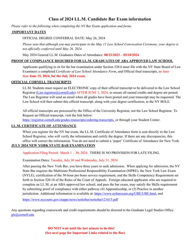 LL.M. Candidate Bar Exam Information screenshot