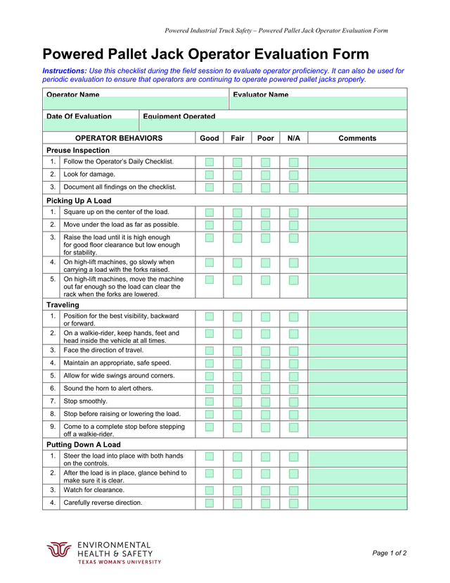 Powered Pallet Jack Operator Evaluation Form screenshot
