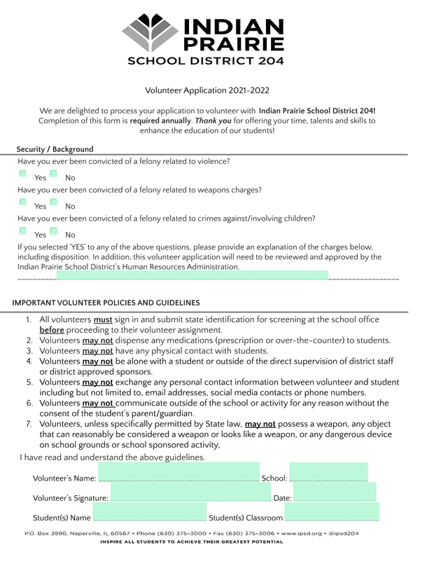 Volunteer Application 2021 2022 screenshot