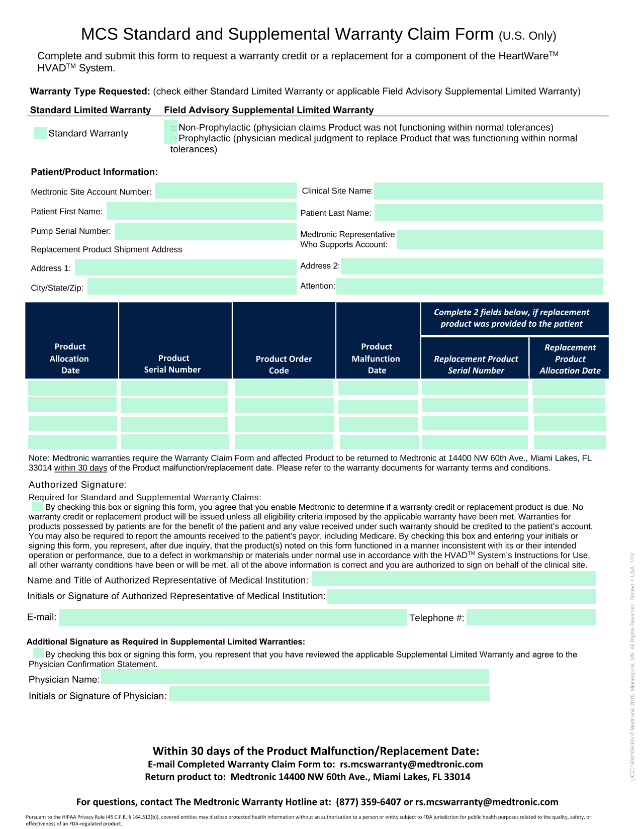 MCS Standard And Supplemental Warranty Claim Form (U.S. Only) screenshot