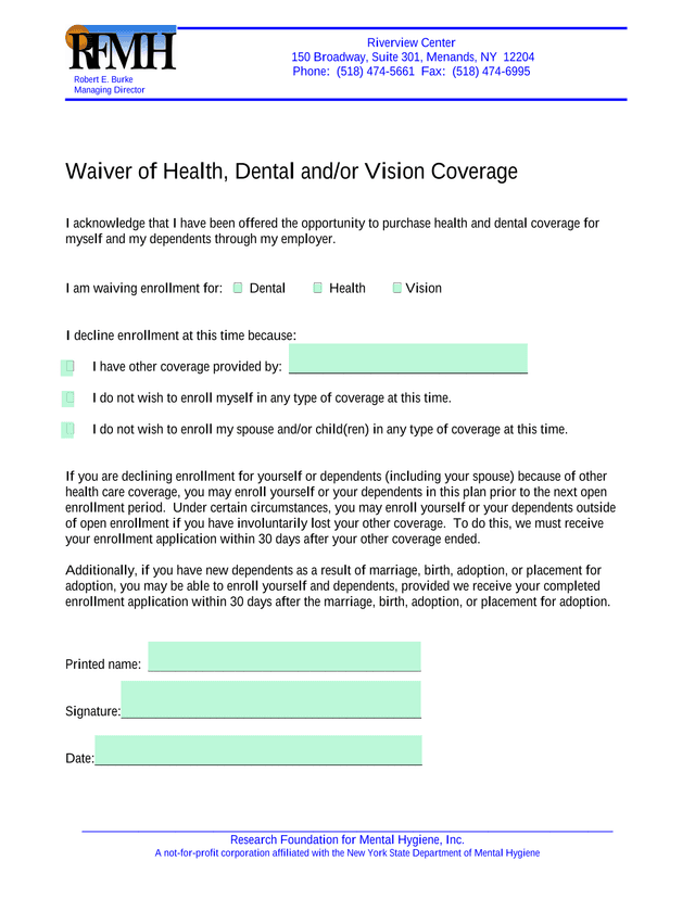 Waiver Of Health, Dental AndOr Vision Coverage screenshot