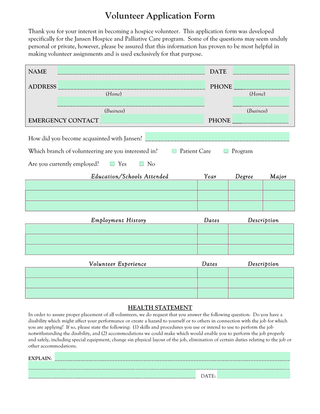 Jansen Volunteer Application Form screenshot