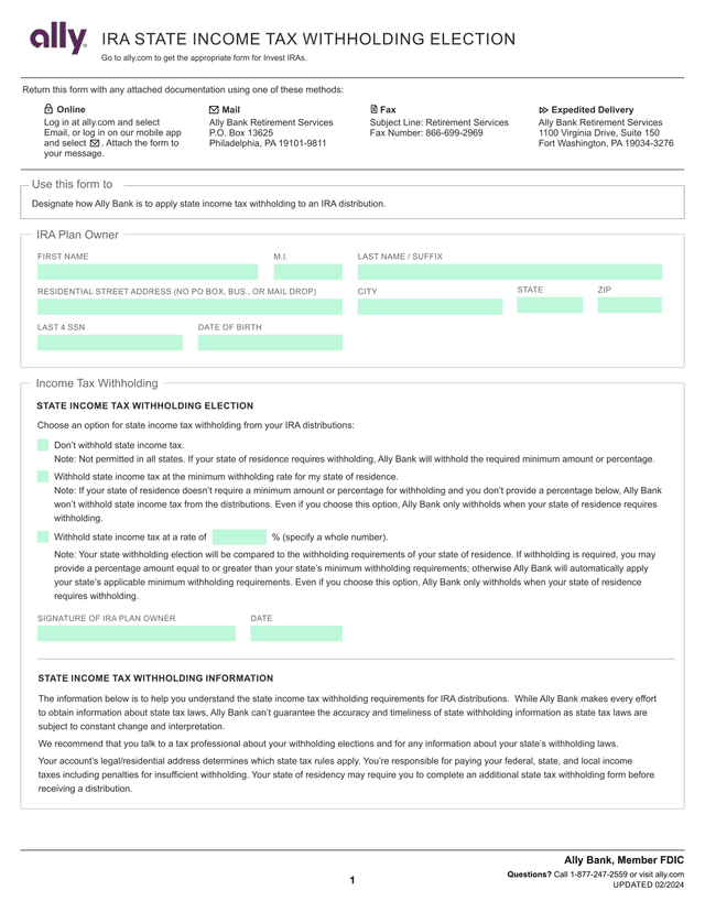 IRA State Income Tax Withholding Election screenshot