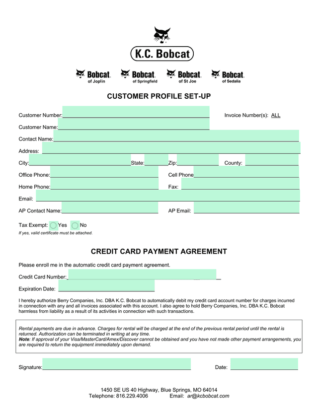 Customer Profile Set Up And Credit Card Payment Agreement screenshot
