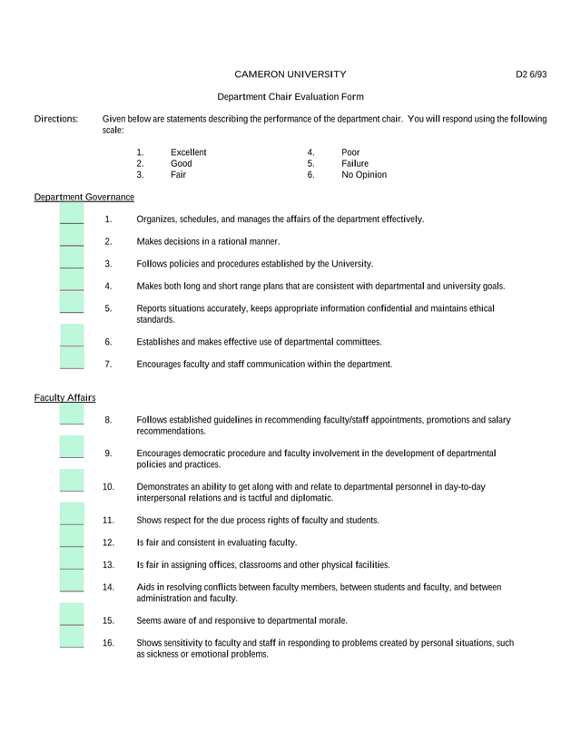 Department Chair Evaluation Form screenshot