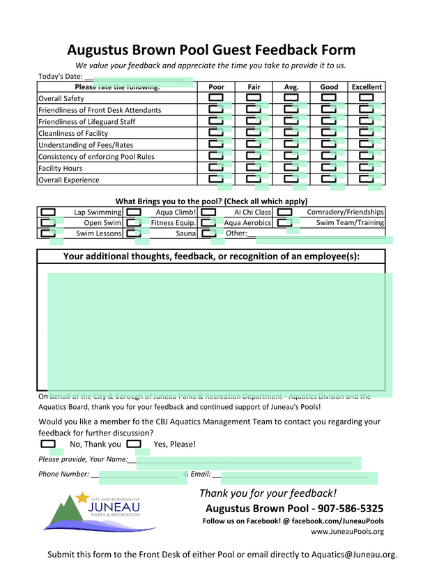 Augustus Brown Pool Guest Feedback Form screenshot